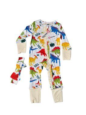 NWT | PatPat Girls Colorful Dinosaur Ruffle Bamboo Onesie & Headband Set | 6-9M